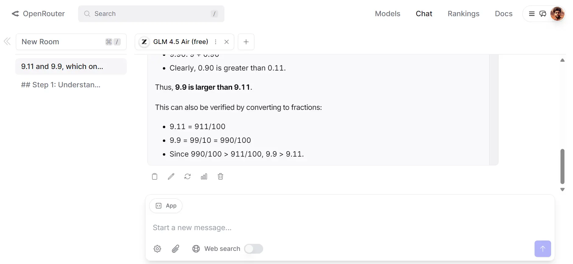 Testing GLM 4.5 in Openrouter chat menu