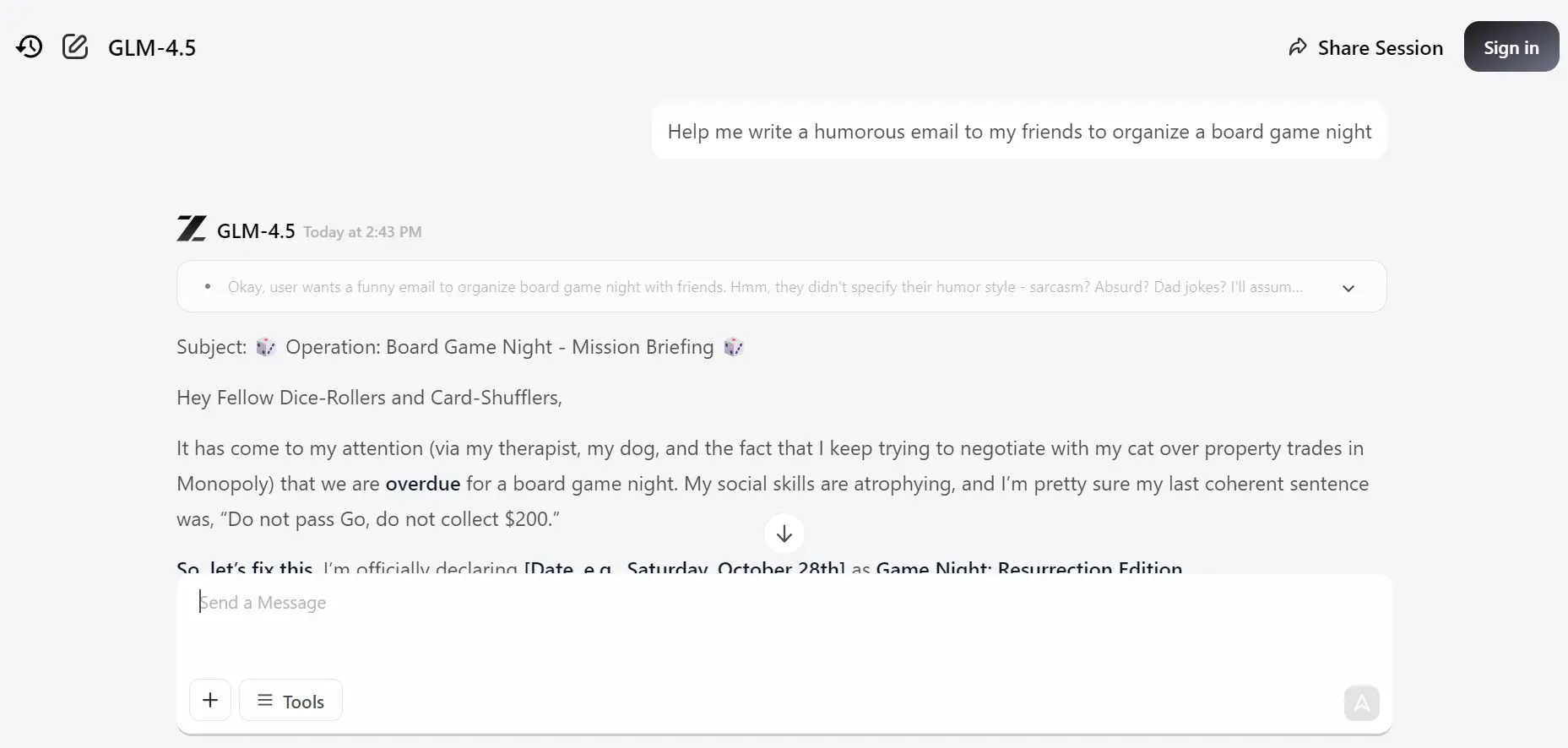 z.ai chatbot in action