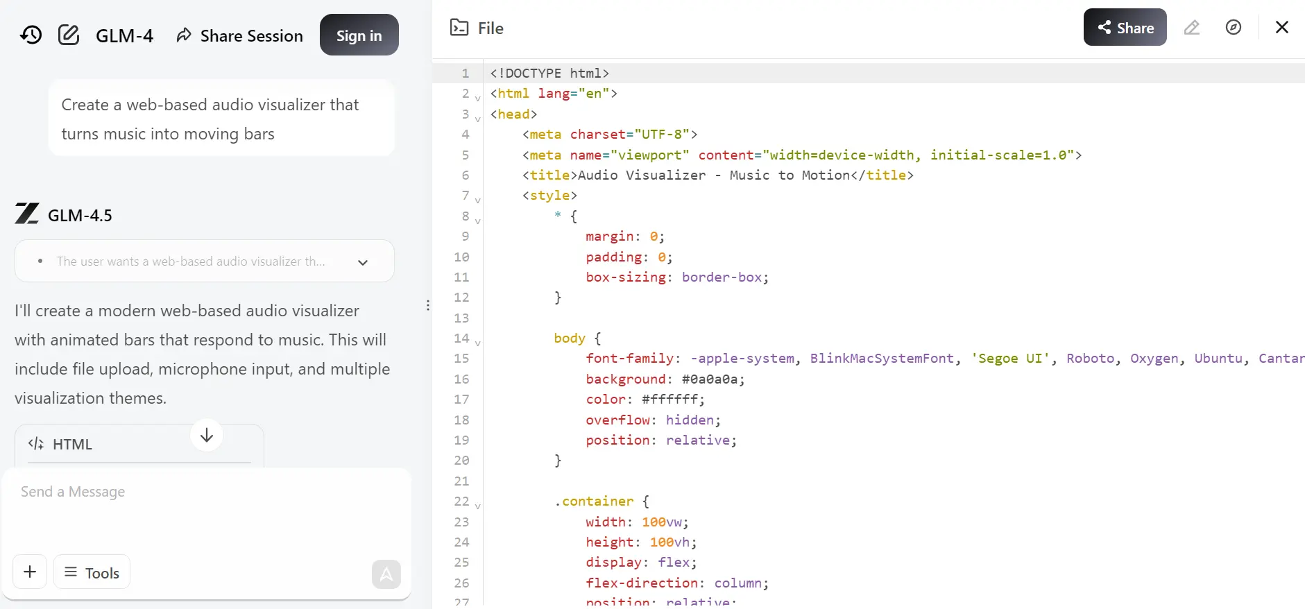 Generating code in Z.AI chatbot