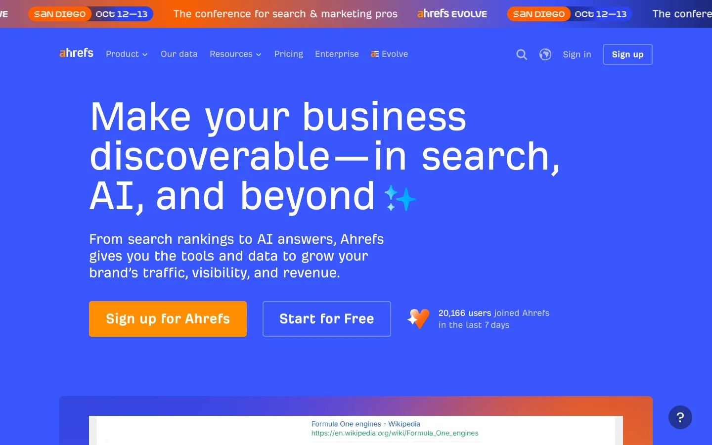 Ahrefs homepage with the headline Make your business discoverable in search, AI, and beyond.