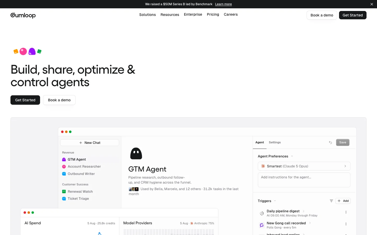Gumloop homepage with the headline Build, share, optimize and control agents and a GTM Agent dashboard.
