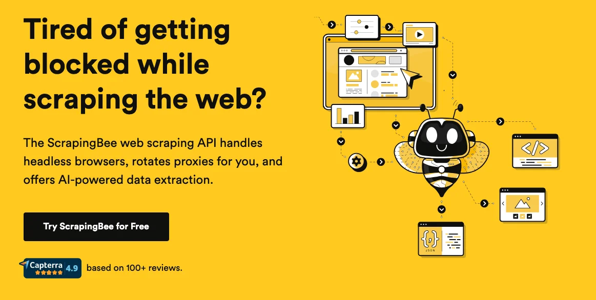 ScrapingBee AI web scraping platform with headless browser and JavaScript rendering capabilities