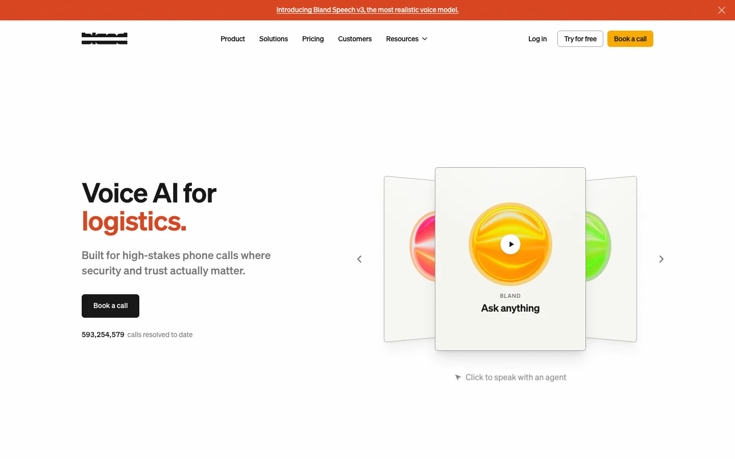 Bland AI homepage showing its phone-agent product