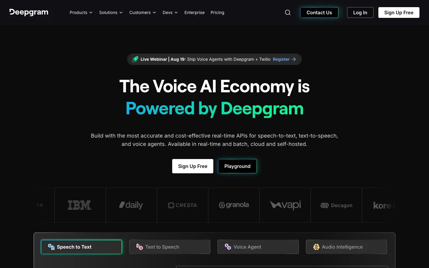 Deepgram homepage showing its speech and voice-agent APIs
