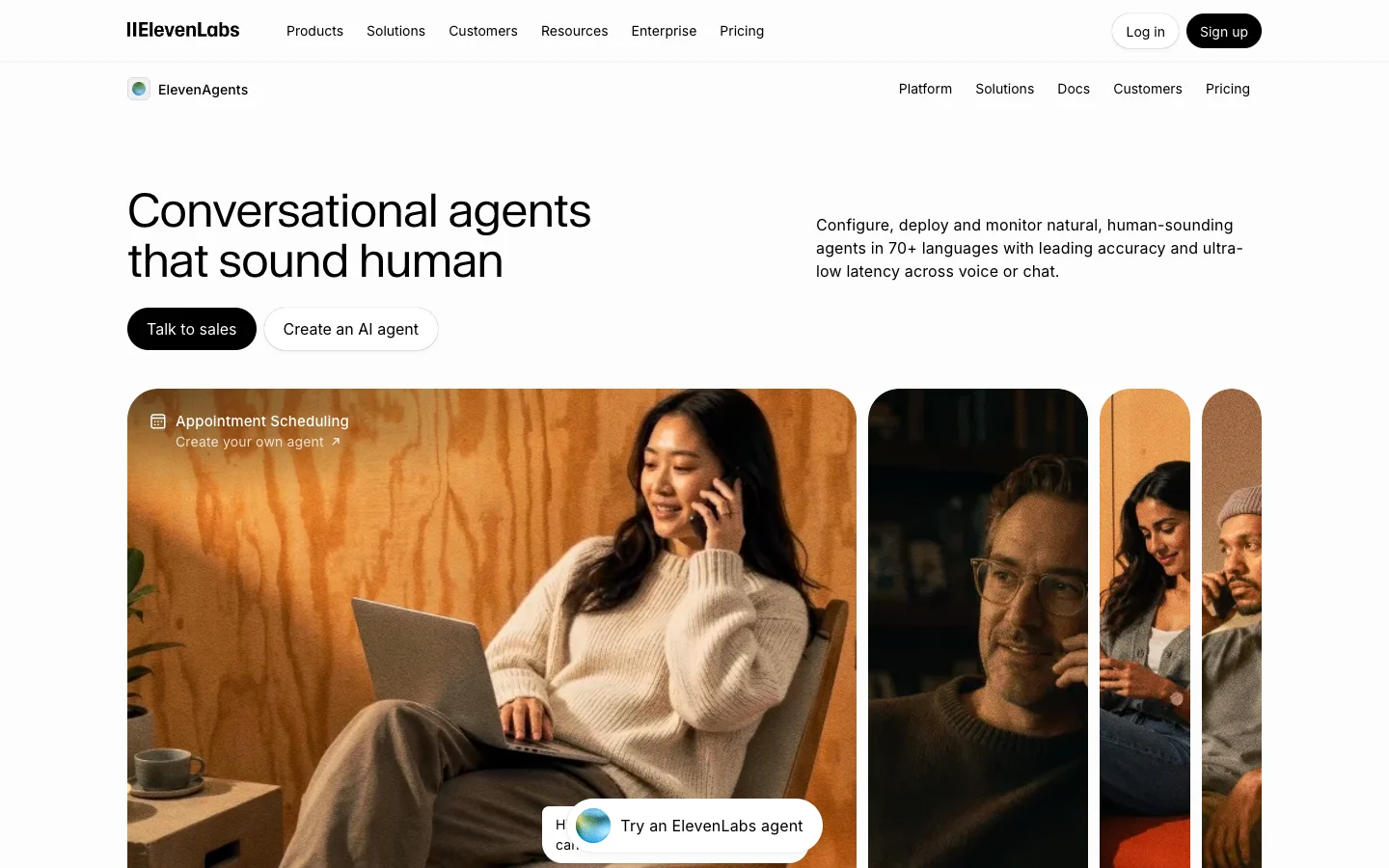 ElevenAgents homepage showing its conversational-agent product