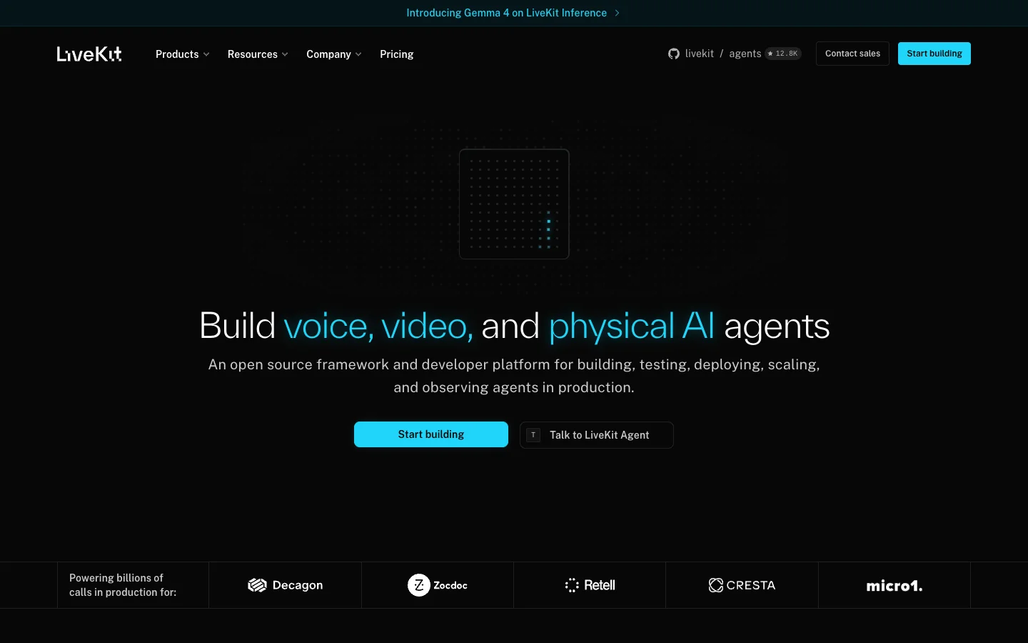 LiveKit homepage showing its real-time agent platform