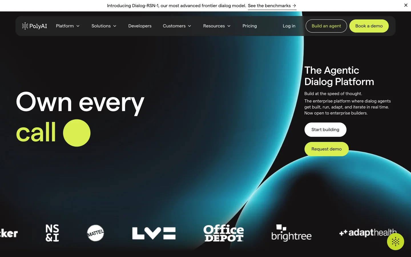 PolyAI homepage showing its enterprise dialog platform