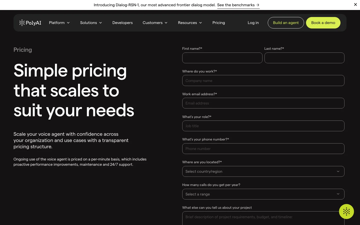 PolyAI pricing page showing its quote-based voice-agent pricing