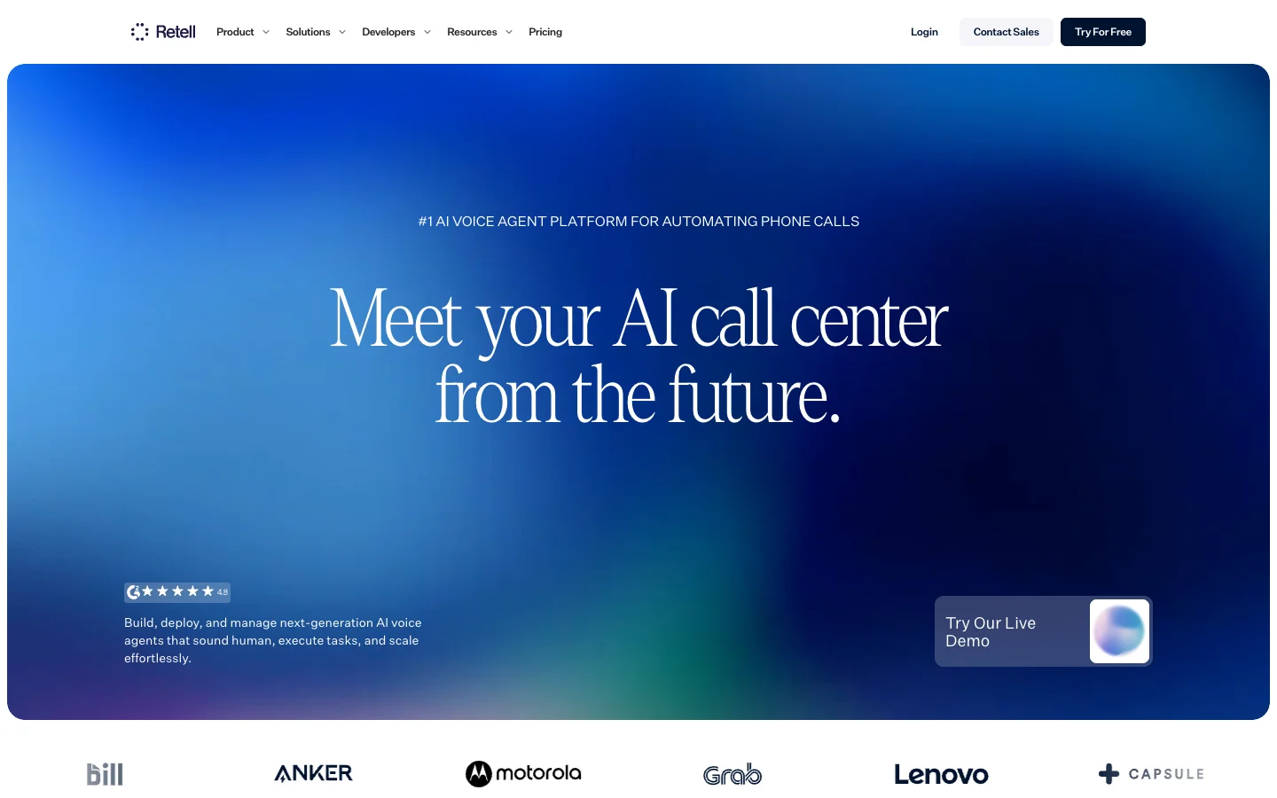 Retell AI homepage showing its phone-agent product