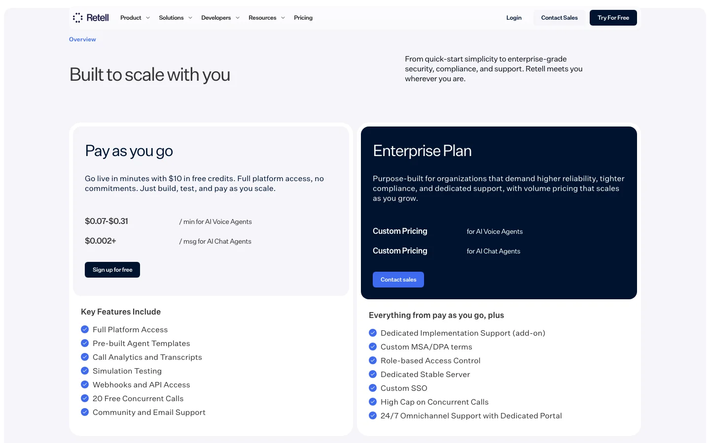 Retell AI pricing page