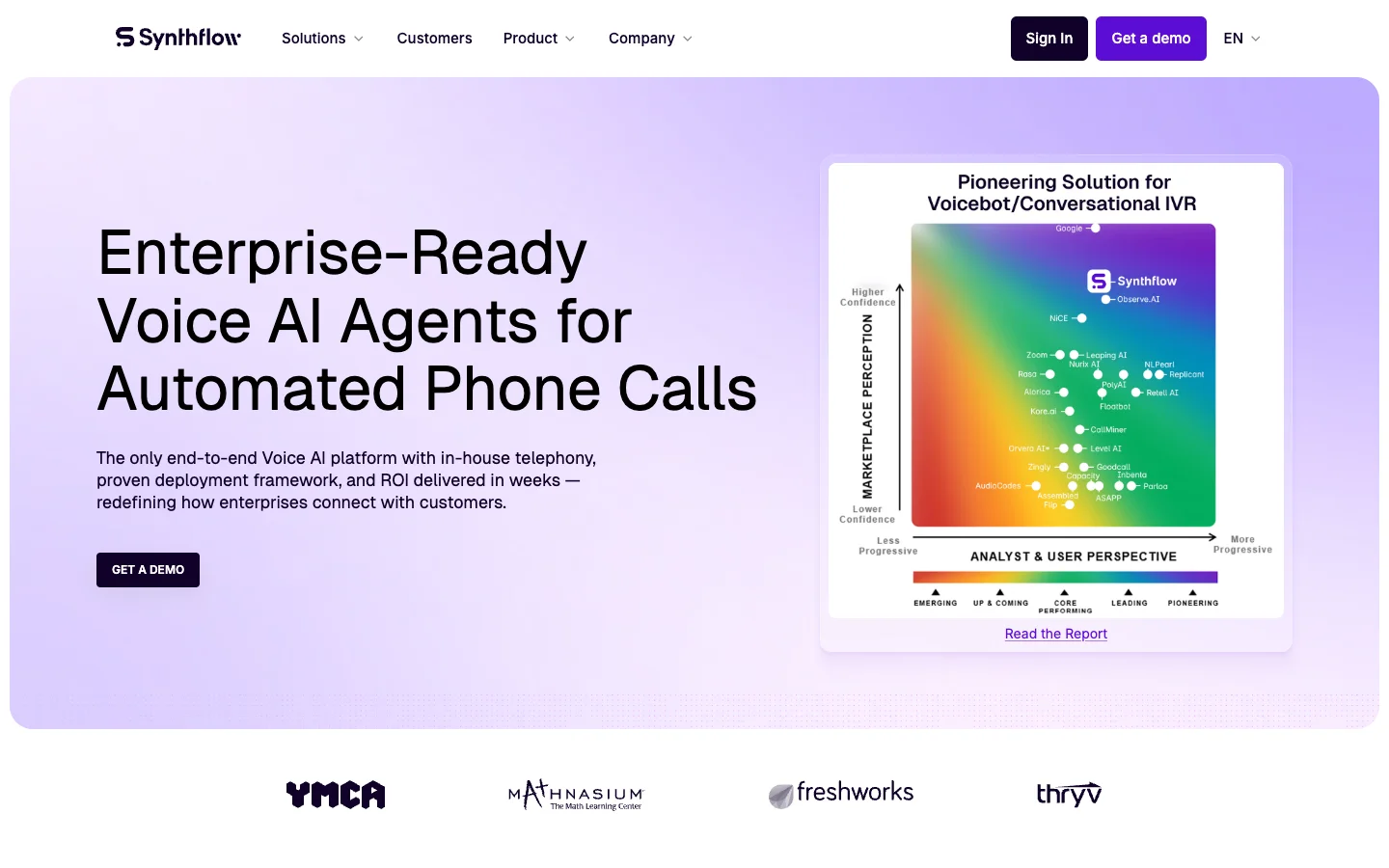 Synthflow homepage showing its enterprise voice-agent product
