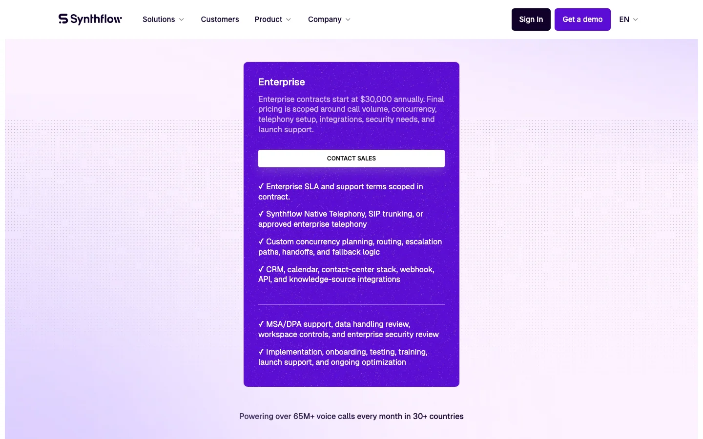 Synthflow pricing page showing its enterprise plan