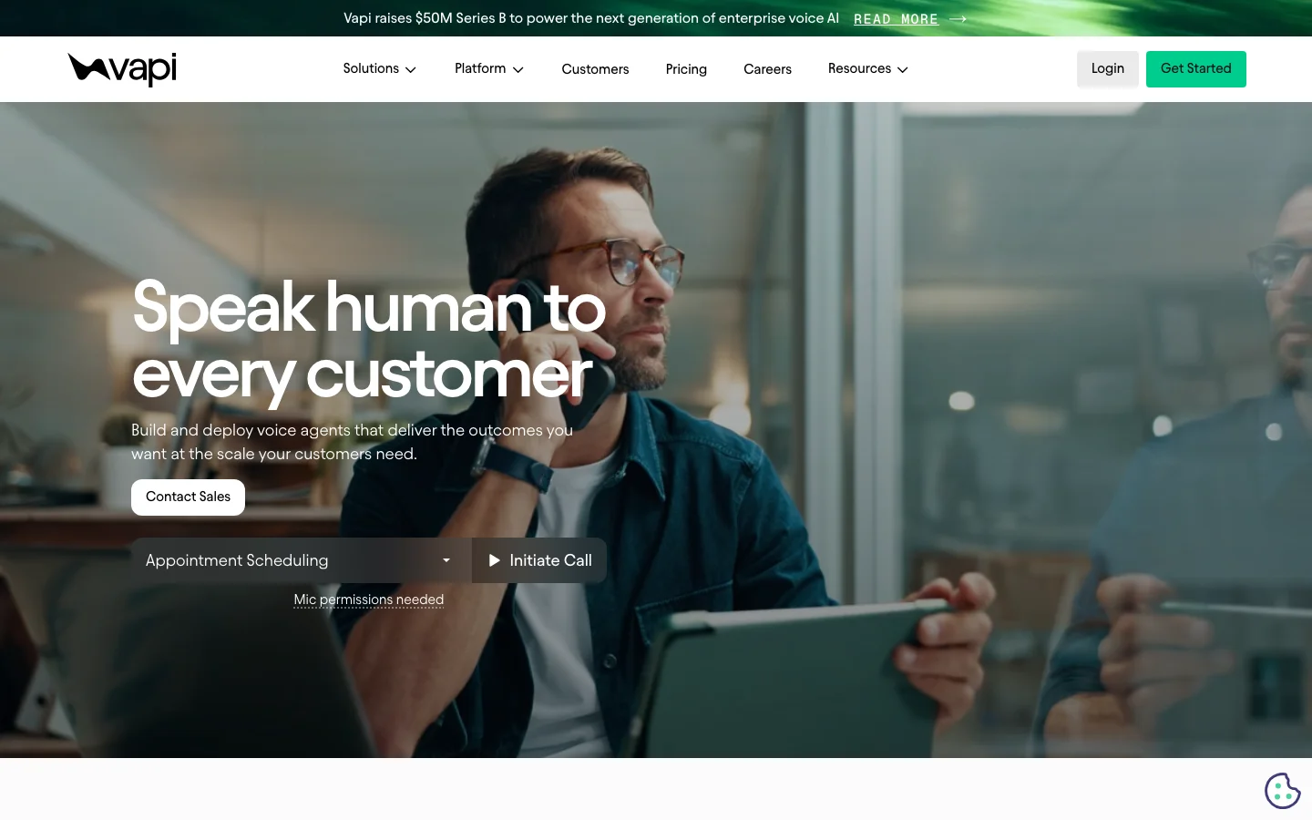 Vapi homepage showing its voice-agent product