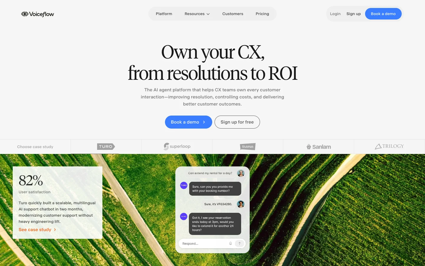 Voiceflow homepage showing its customer-experience agent platform