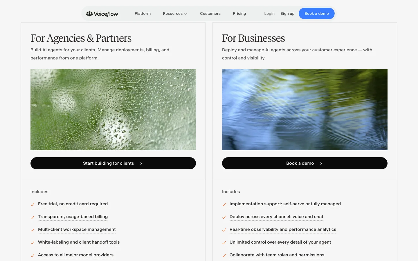Voiceflow pricing page showing agency and business options