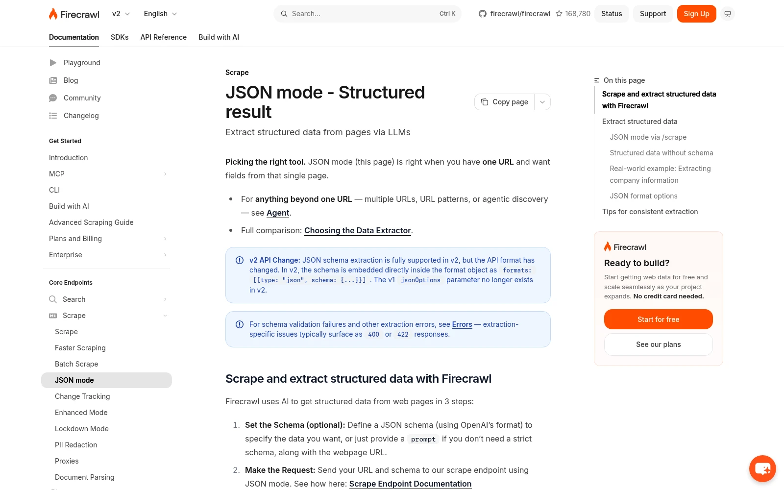 Firecrawl JSON mode documentation showing schema-based structured extraction from a single URL, with the three-step schema, request, and result flow