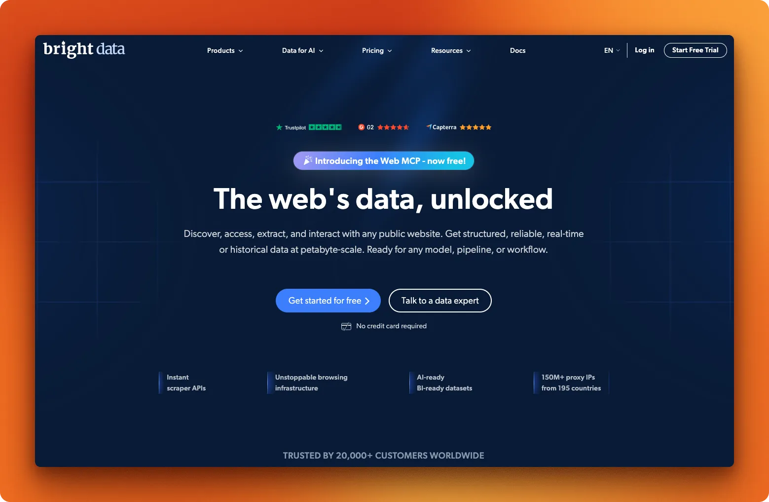 BrightData web scraping API homepage featuring 150+ million residential IPs and enterprise-grade proxy network