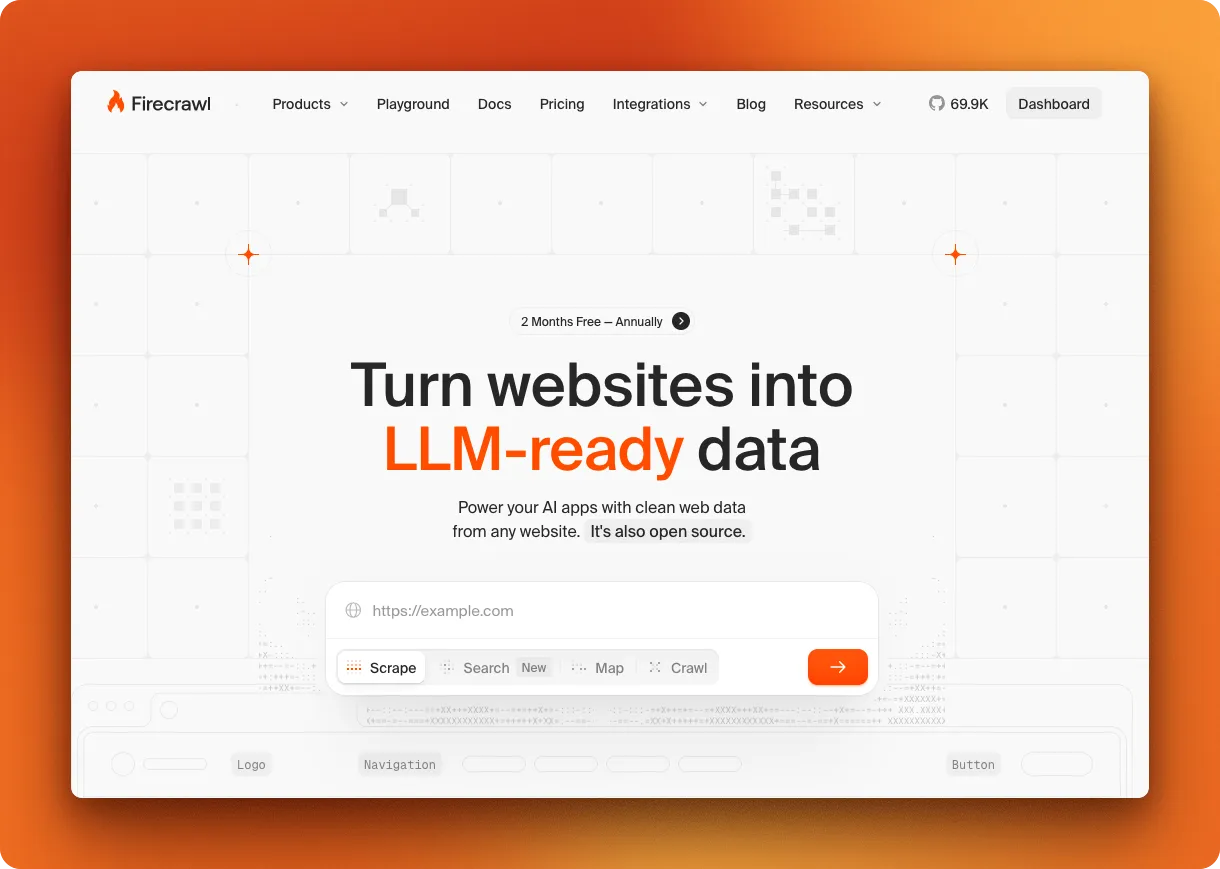 Firecrawl web scraping API homepage showing AI-powered data extraction with markdown output and LLM integration