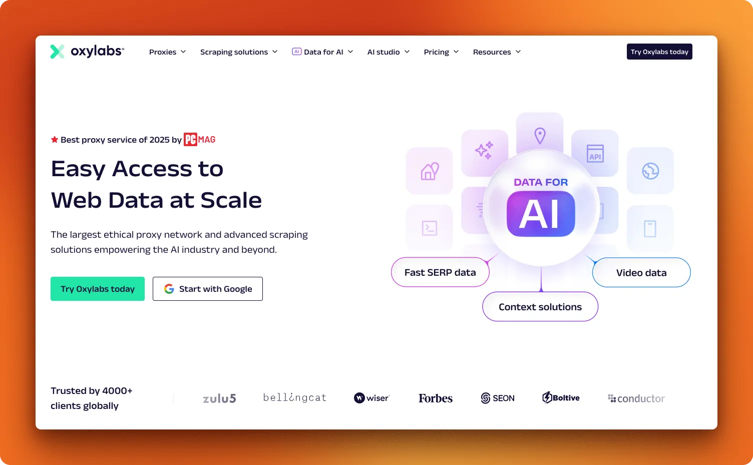 Oxylabs web scraping API homepage showcasing OxyCopilot AI assistant for no-code automation