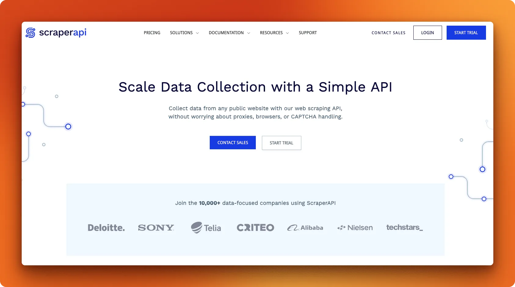 ScraperAPI web scraping service homepage with 40 million IPs and automatic retry functionality