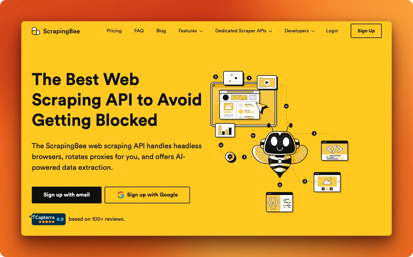 ScrapingBee web scraping API homepage highlighting beginner-friendly interface and official Python SDK