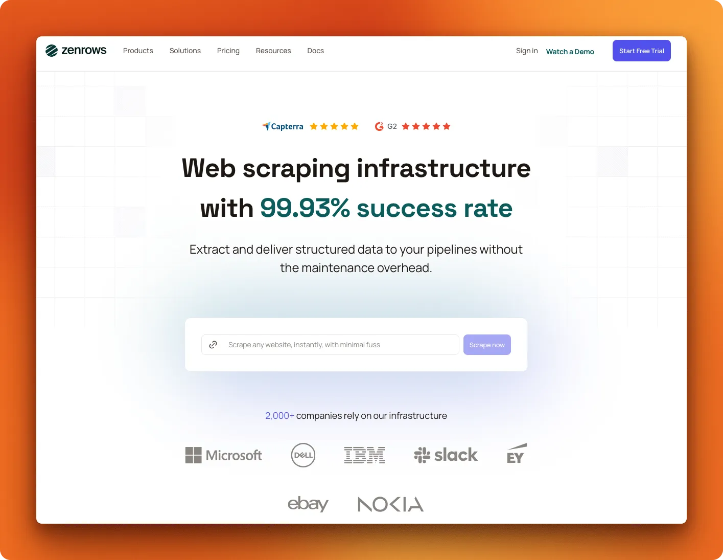 ZenRows web scraping API homepage with Puppeteer and Playwright browser automation support
