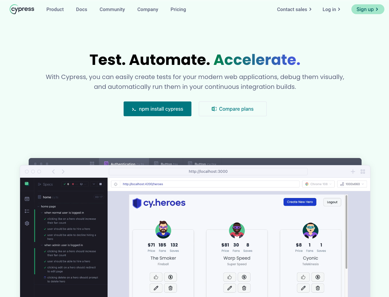 Cypress test runner interface showing browser testing capabilities