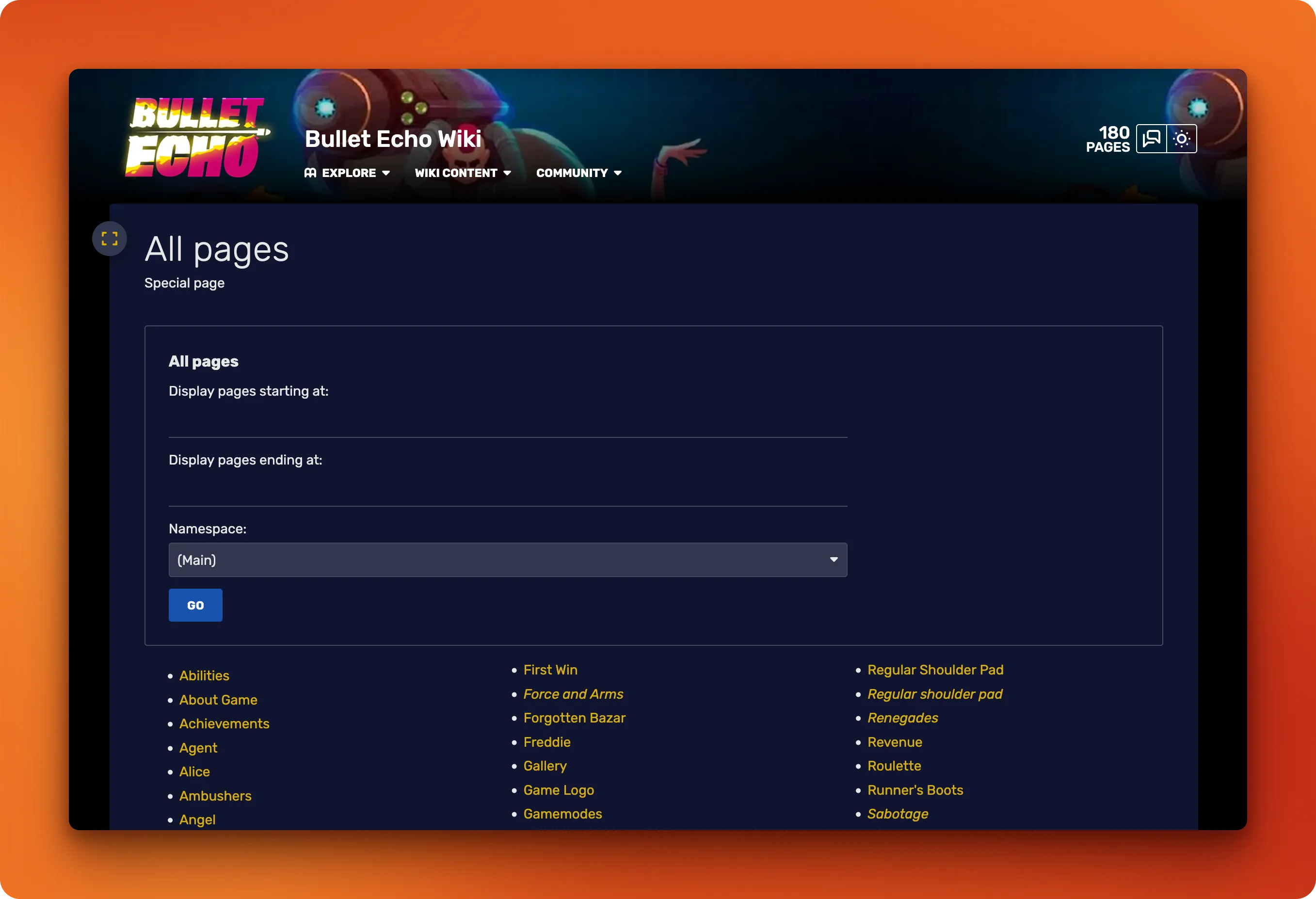 Screenshot of the Bullet Echo Fandom wiki's "All Pages" section showing a list of over 180 articles about the game