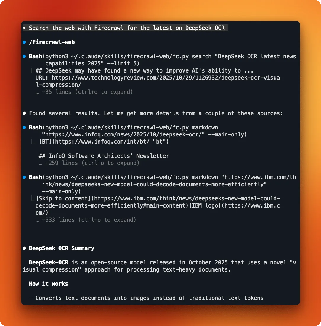 Claude Code using Firecrawl web search to find DeepSeek OCR news articles