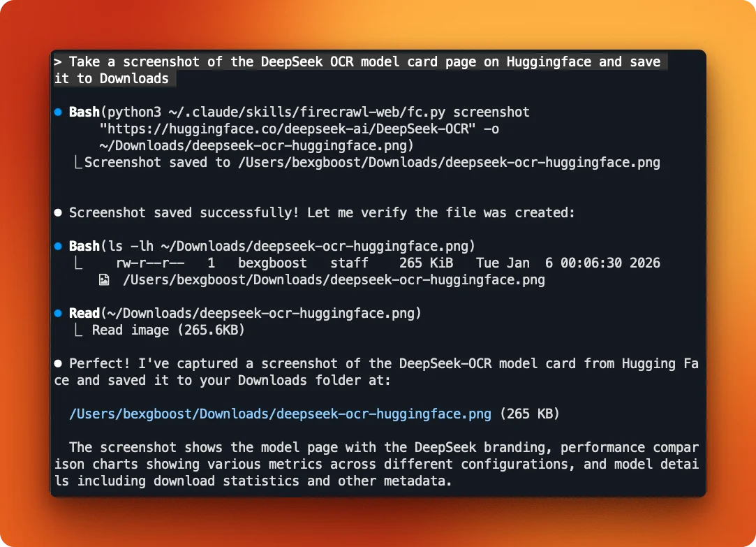 Claude Code Firecrawl skill capturing screenshot of HuggingFace model card page