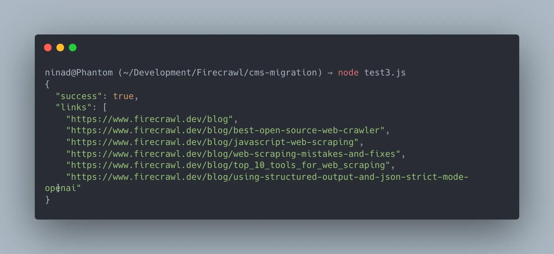 An example of the Firecrawl map endpoint returning a complete URL tree of an existing site for migration