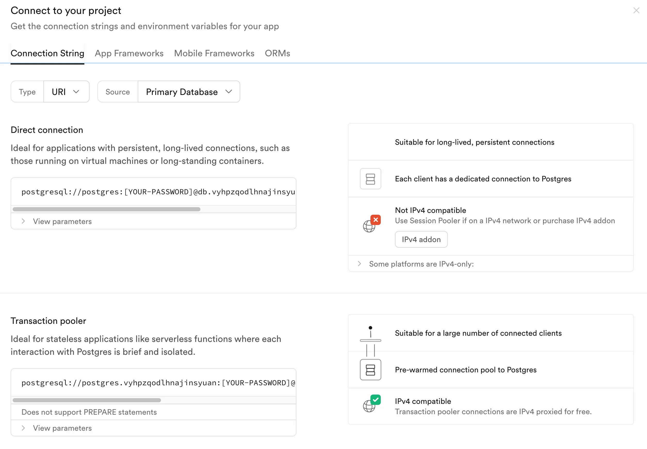 Screenshot of Supabase dashboard showing the database connection menu with various connection options including the Transaction pooler URI
