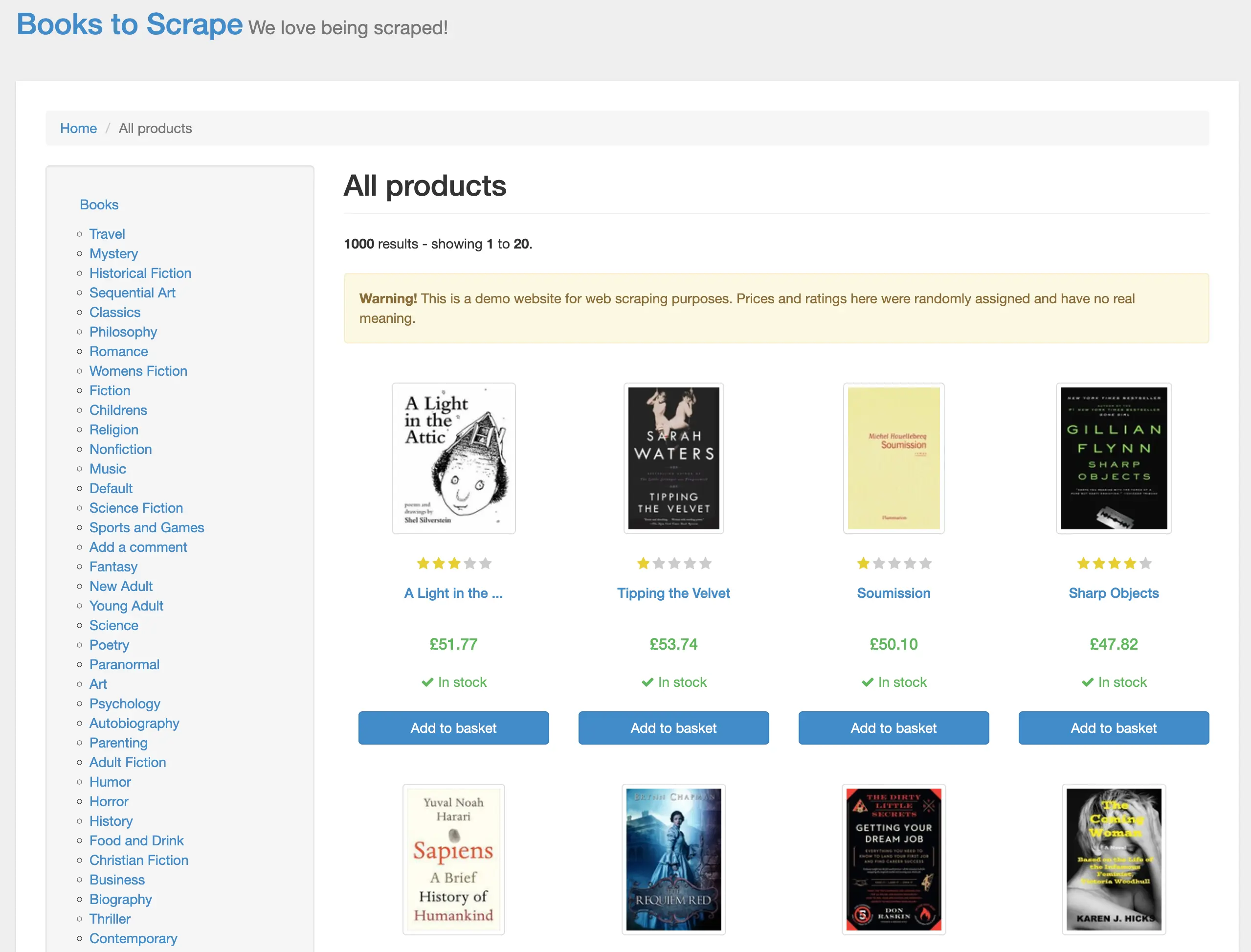 Homepage of Books to Scrape website showing a grid layout of book covers, prices and ratings - a popular web scraping practice site