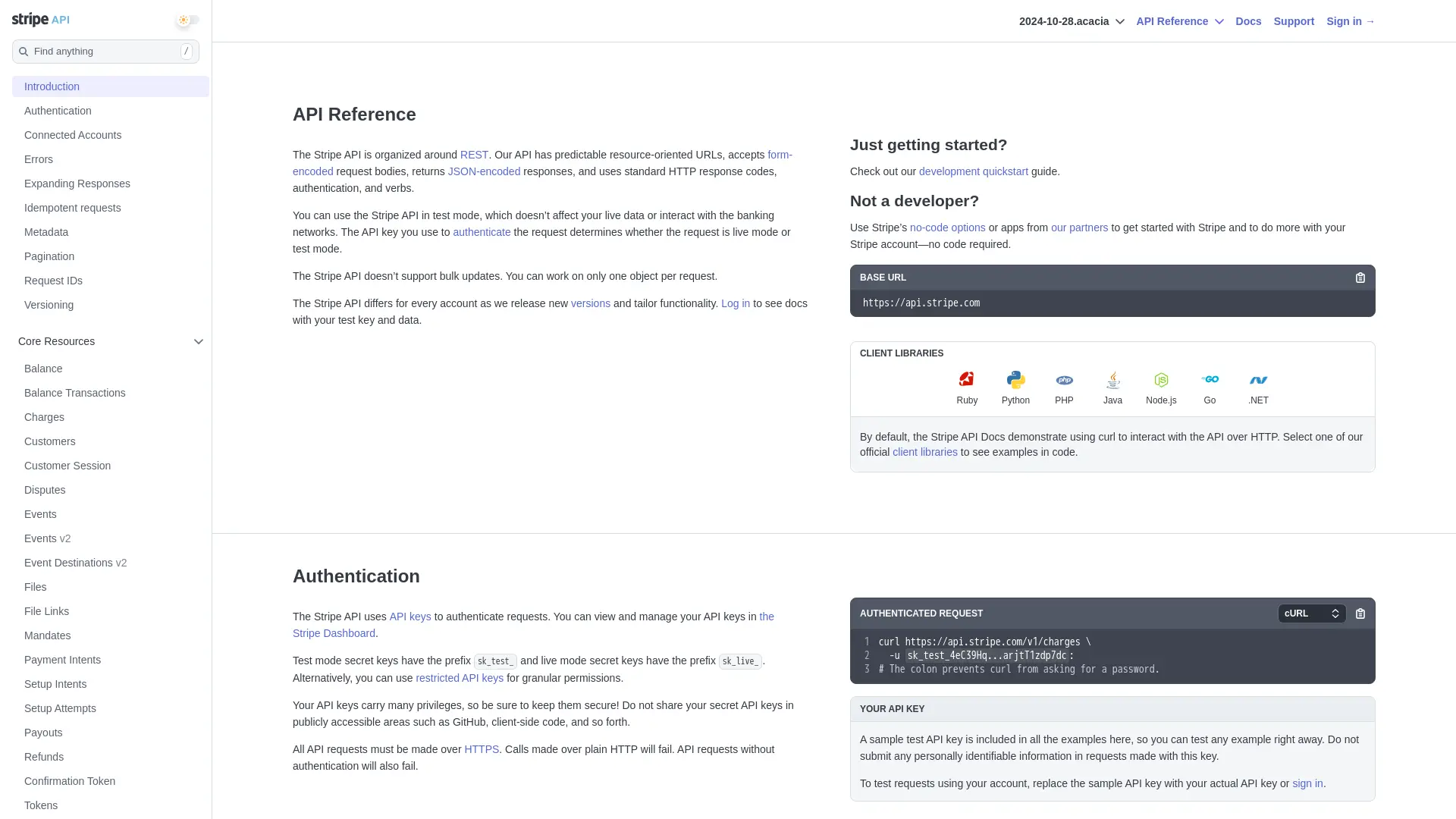 Screenshot of Stripe API documentation homepage captured using Firecrawl's web scraping capabilities