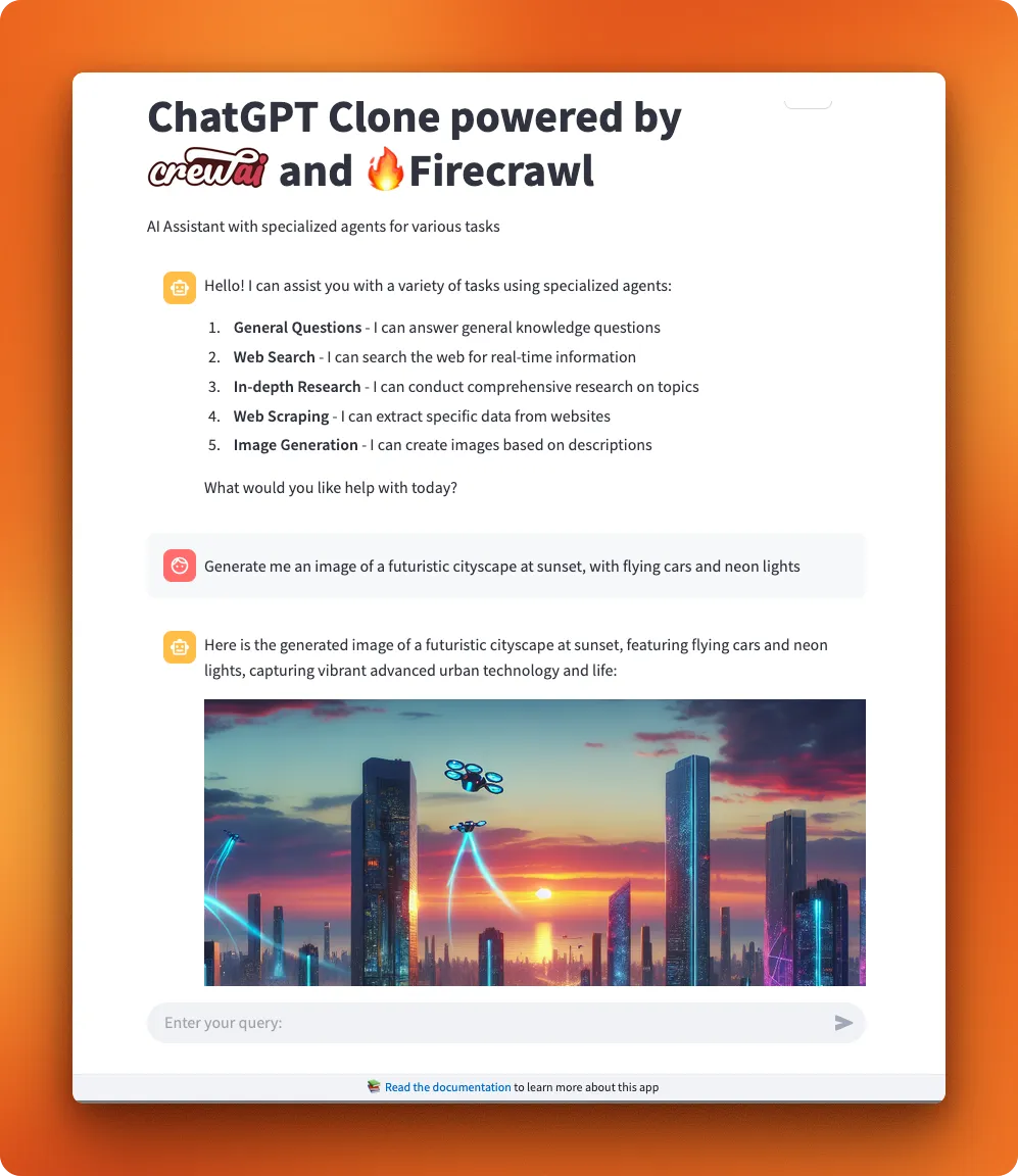 Screenshot of the ChatGPT clone application built with CrewAI showing the conversation interface with search and research capabilities