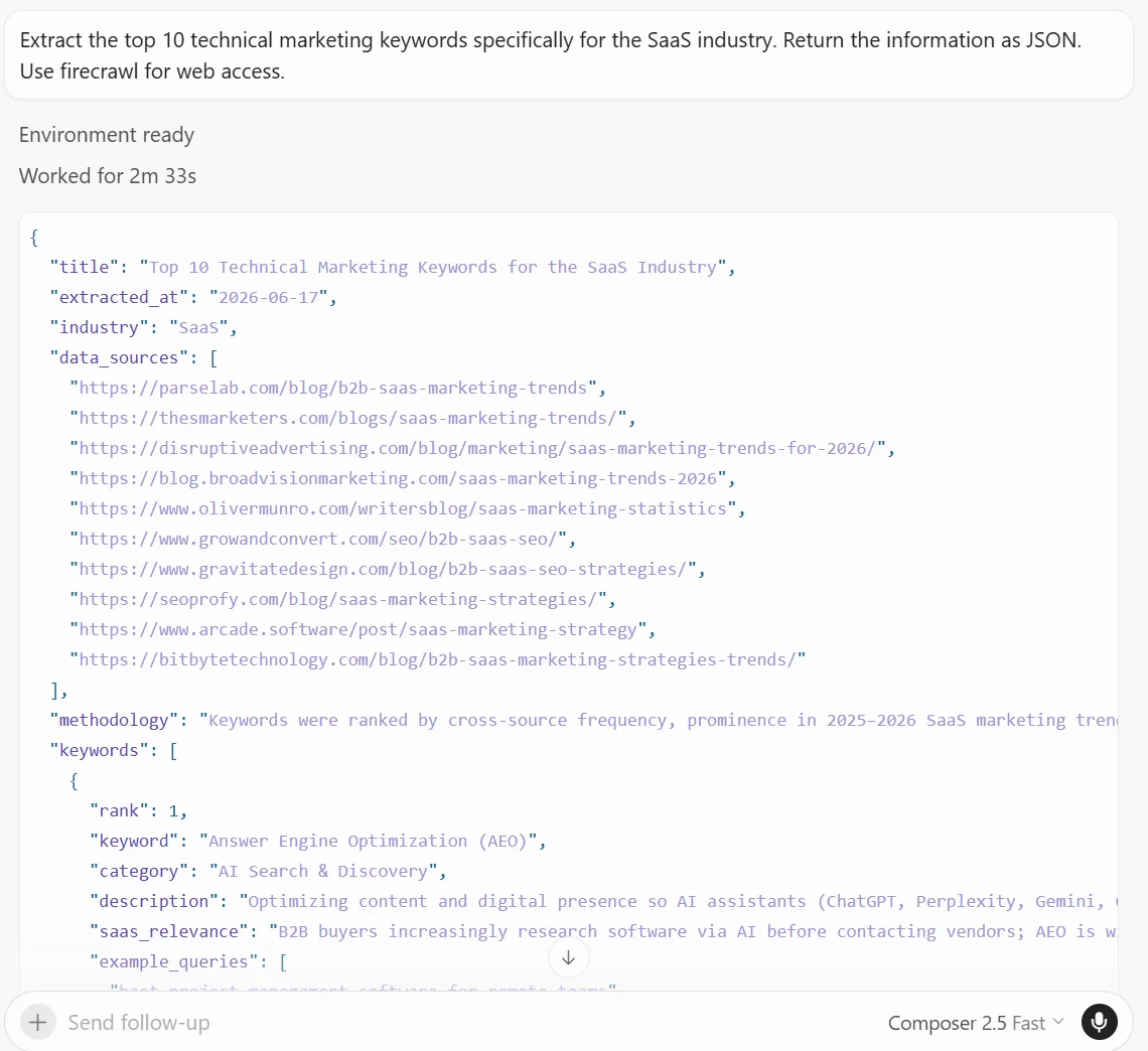 Top SEO keywords found using the Firecrawl plugin