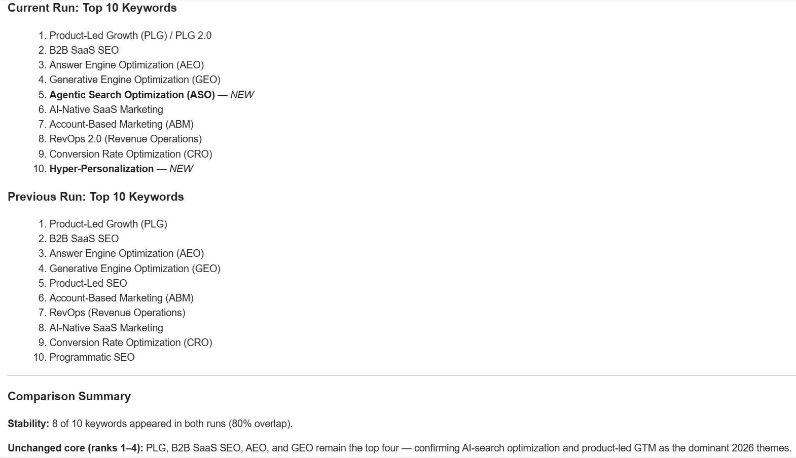 Email comparing this run to the previous one