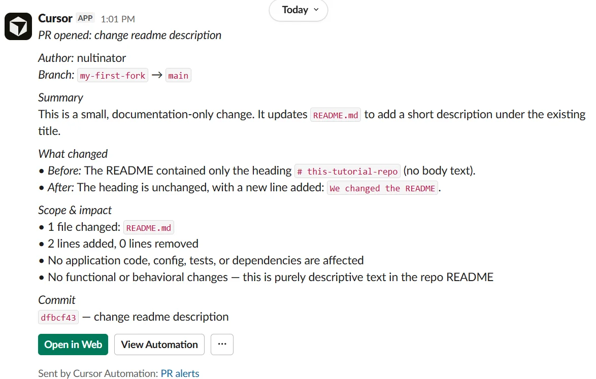 Cursor Automations sent an alert in Slack