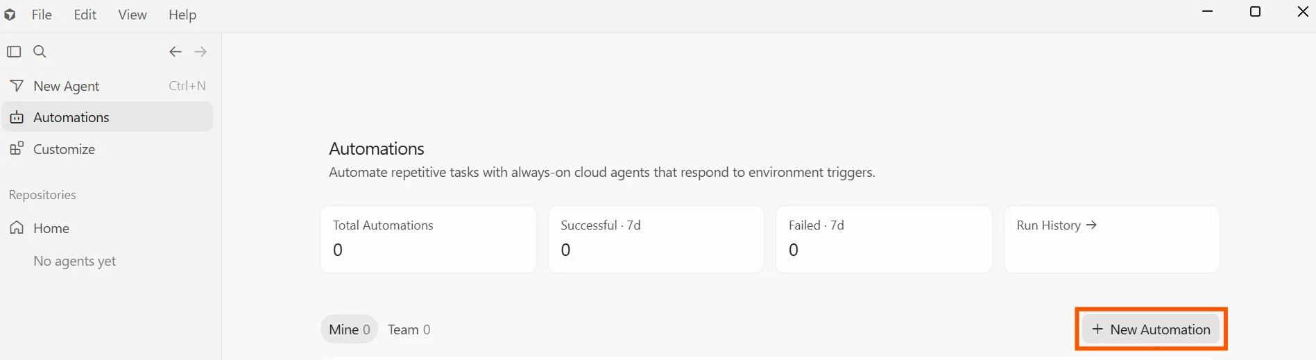 Selecting "Automations" from the Cursor web app