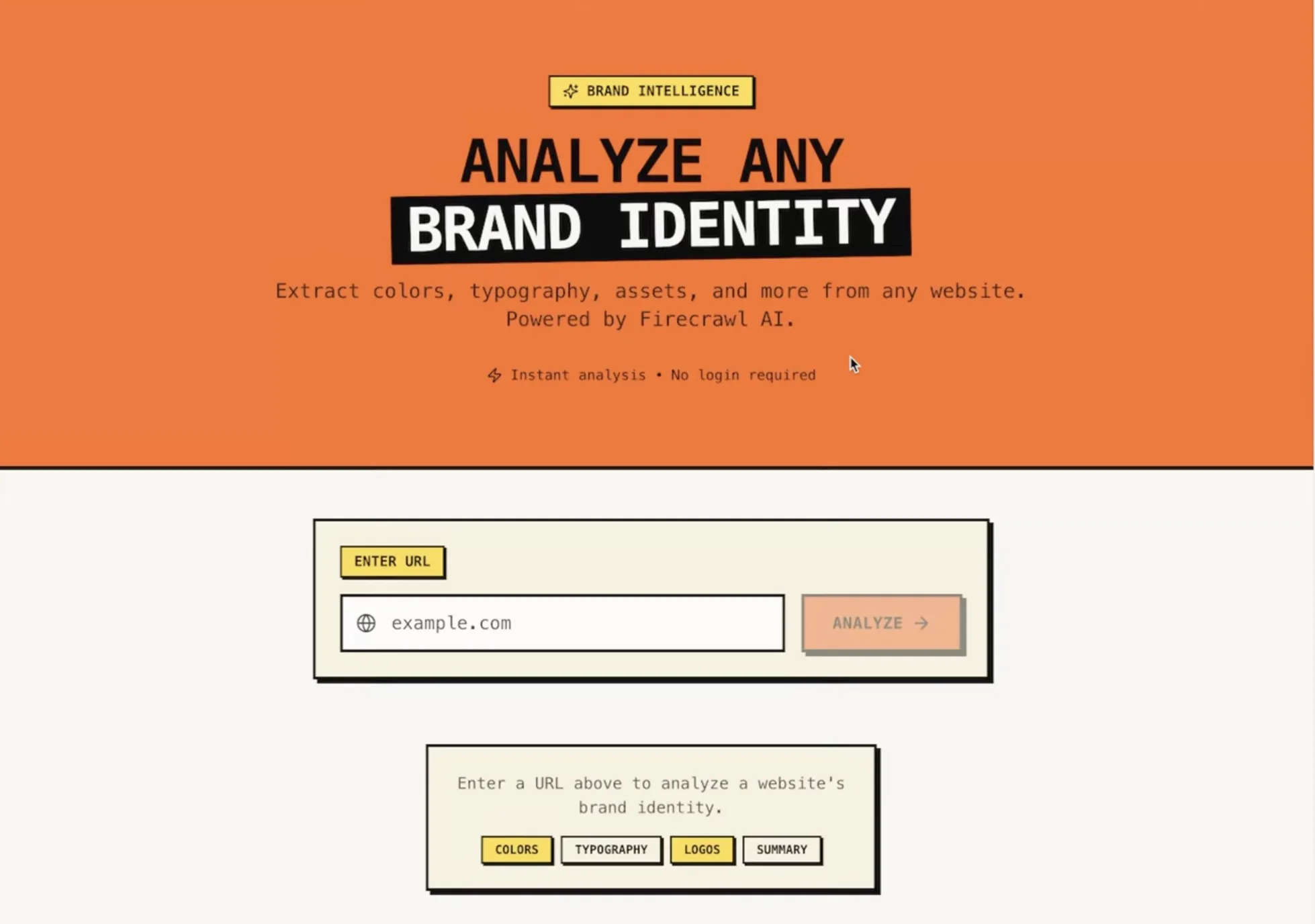 Brand analyzer landing page with "Analyze any brand identity" headline and URL input