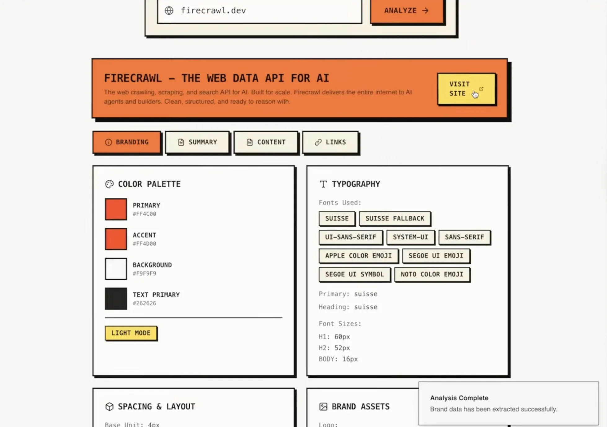 Brand analyzer results showing branding tabs, color palette, and typography