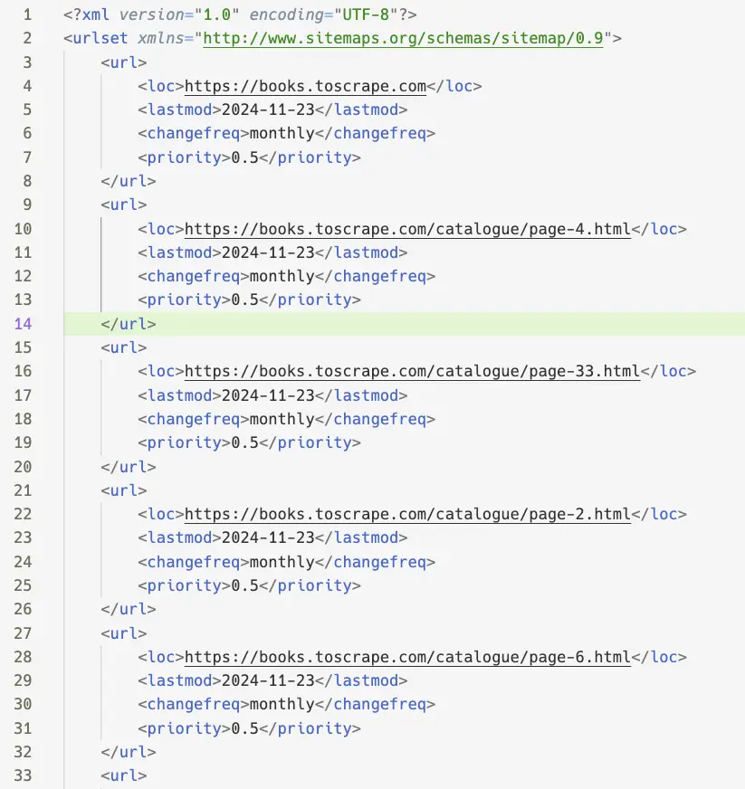 Example of an XML sitemap showing structured URL data with lastmod, changefreq and priority tags for search engine improvement