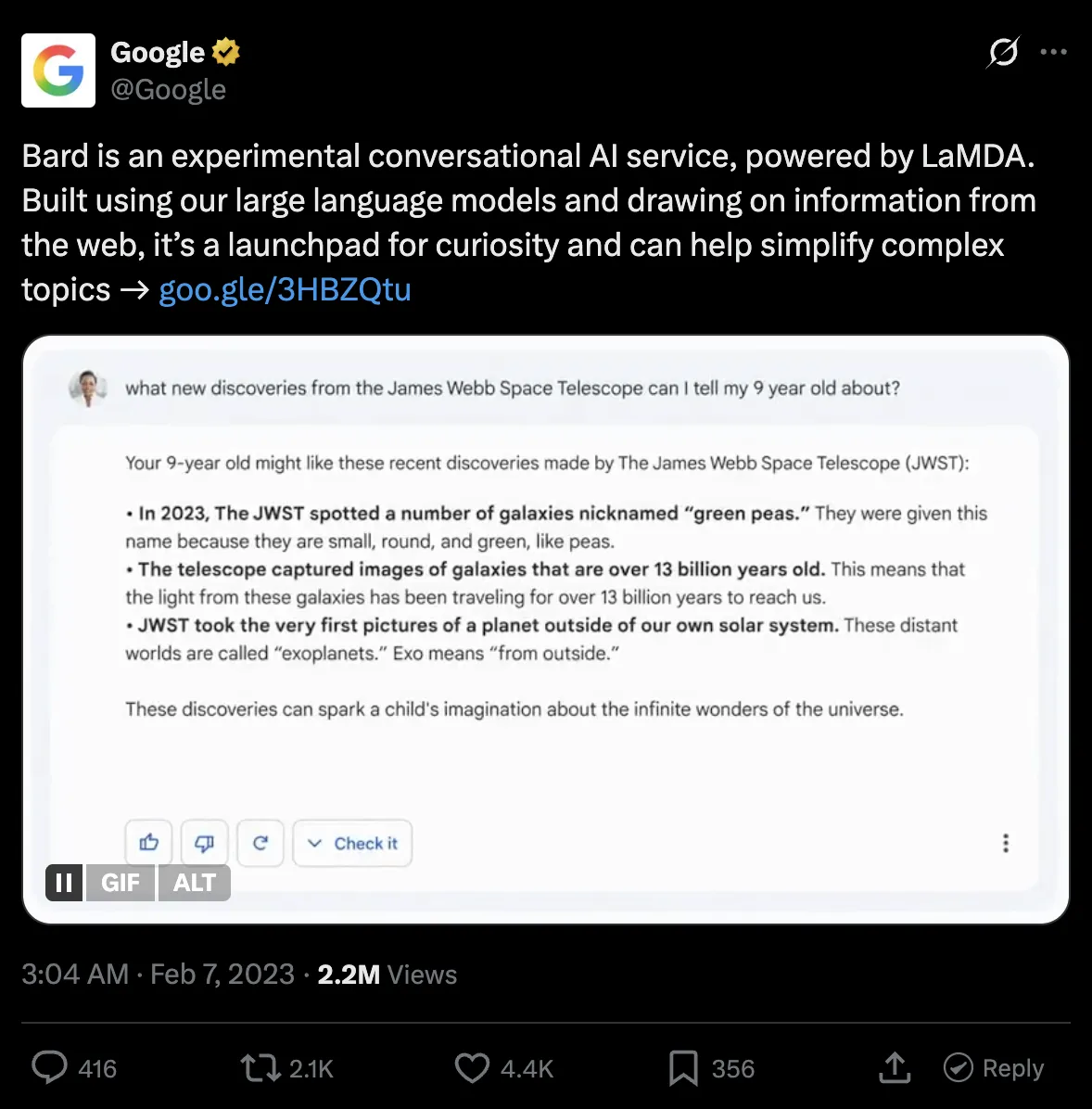 Google Bard hallucination causing Alphabet stock to drop
