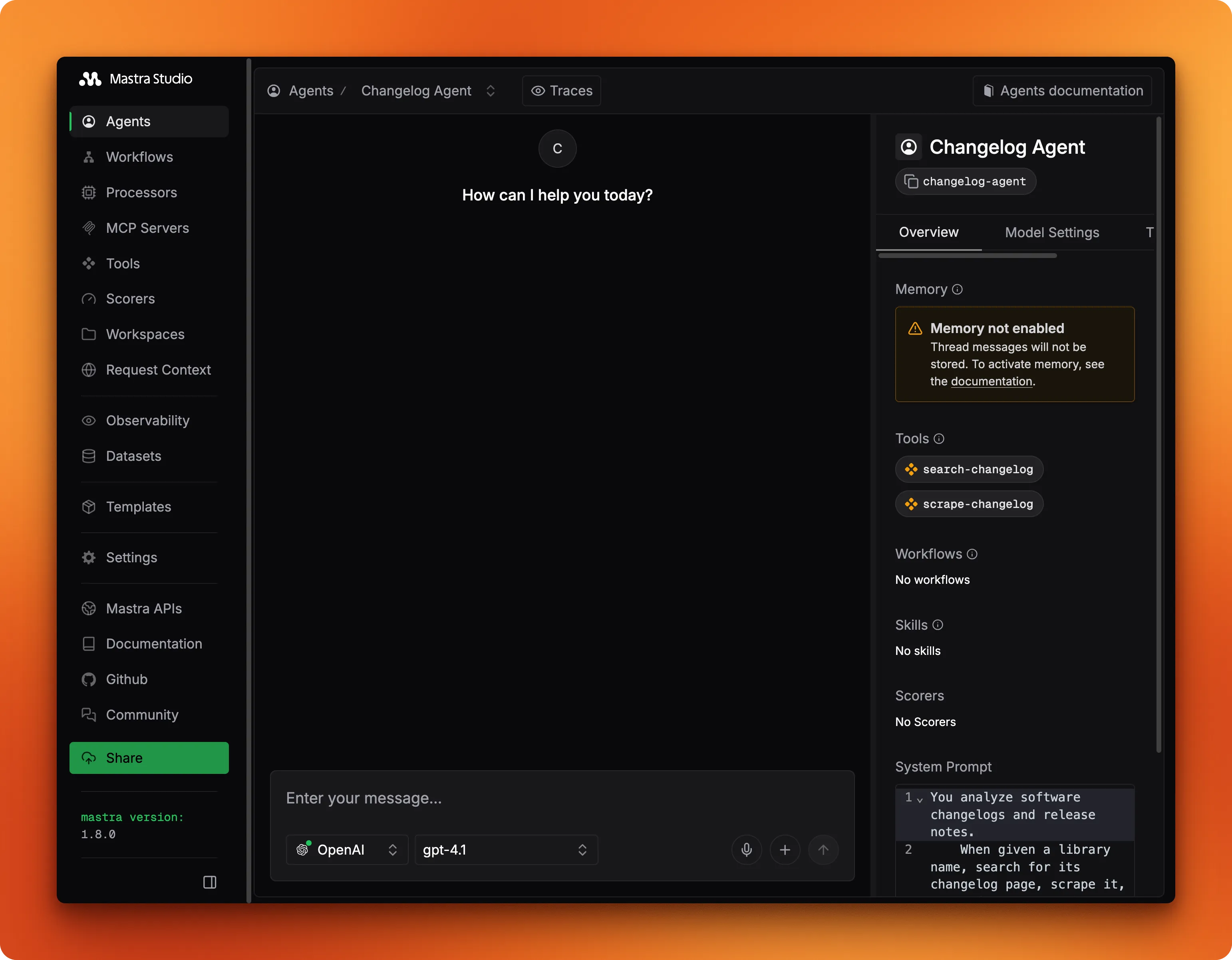 Mastra Studio showing the changelog agent configuration with attached tools and system prompt