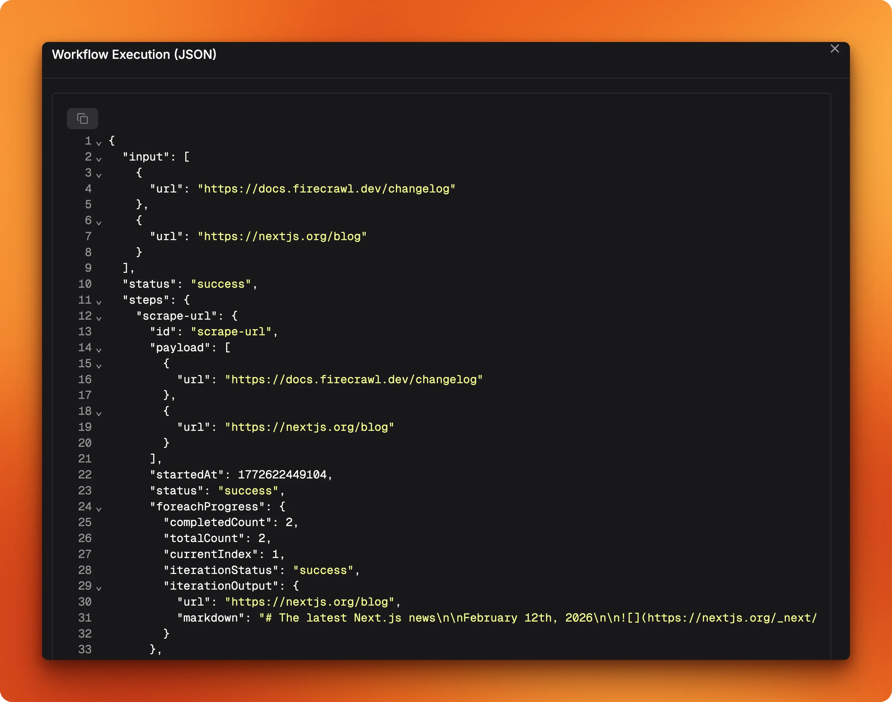 Full execution JSON showing input URLs, step payloads, and foreach progress