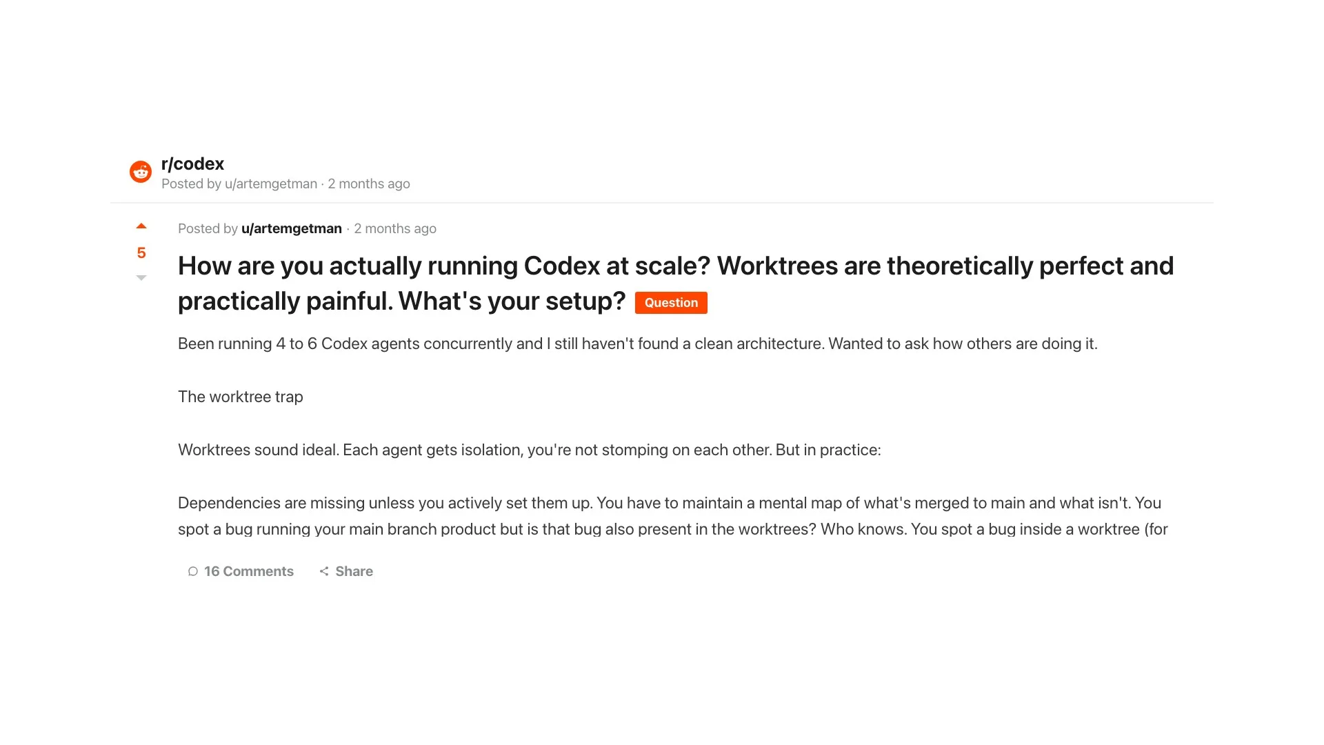 A r/codex thread on the practical pain of running Codex agents at scale with worktrees