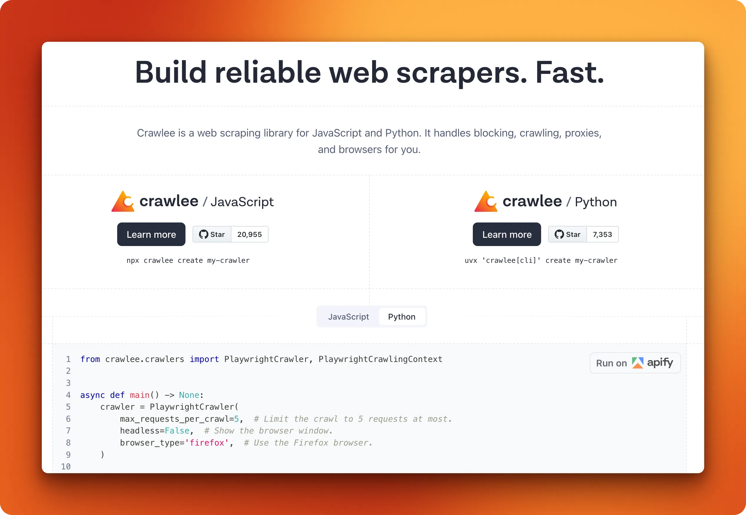Crawlee web scraping library with anti-blocking features by Apify