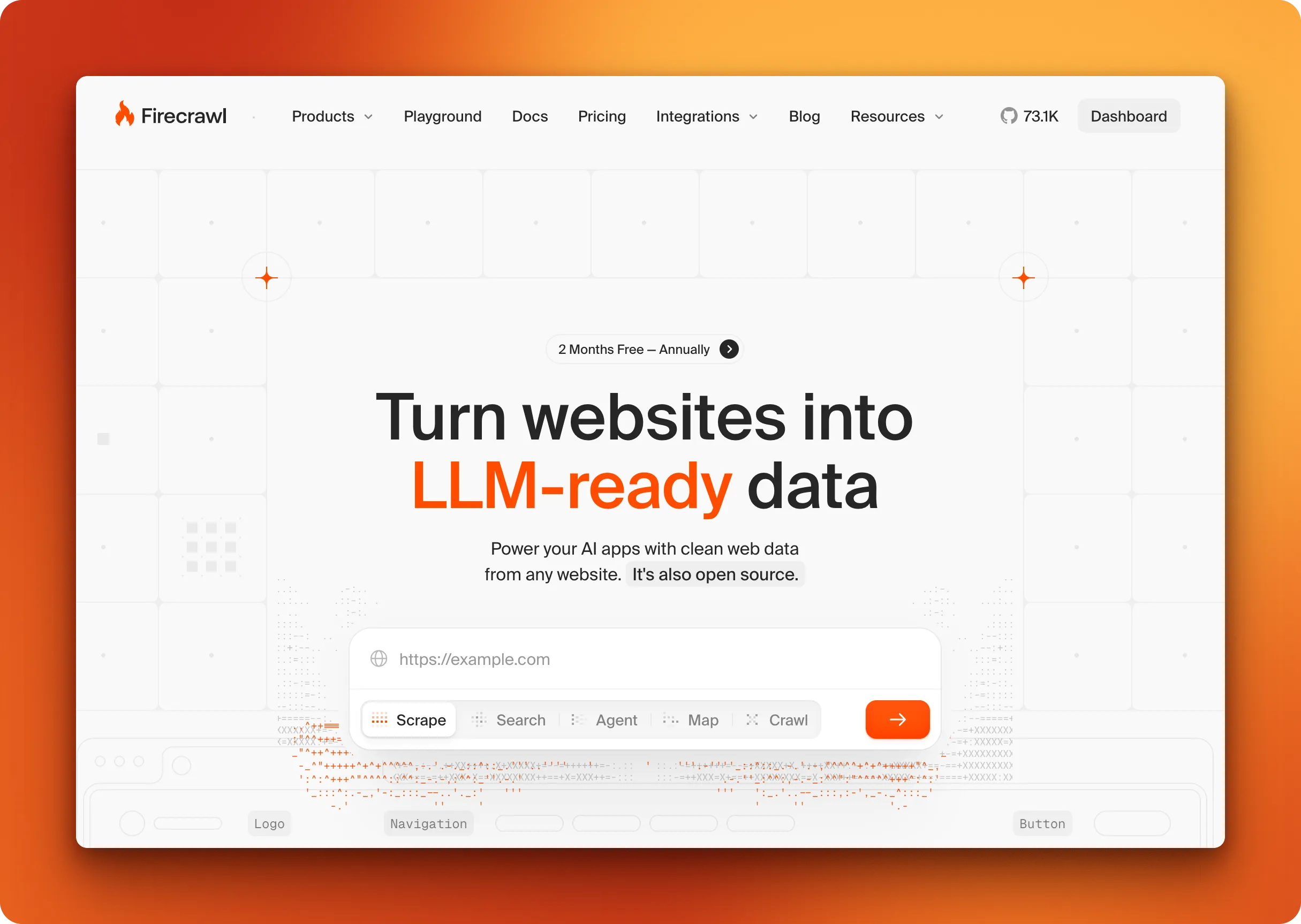 Firecrawl open source web crawler homepage showing LLM-ready markdown conversion