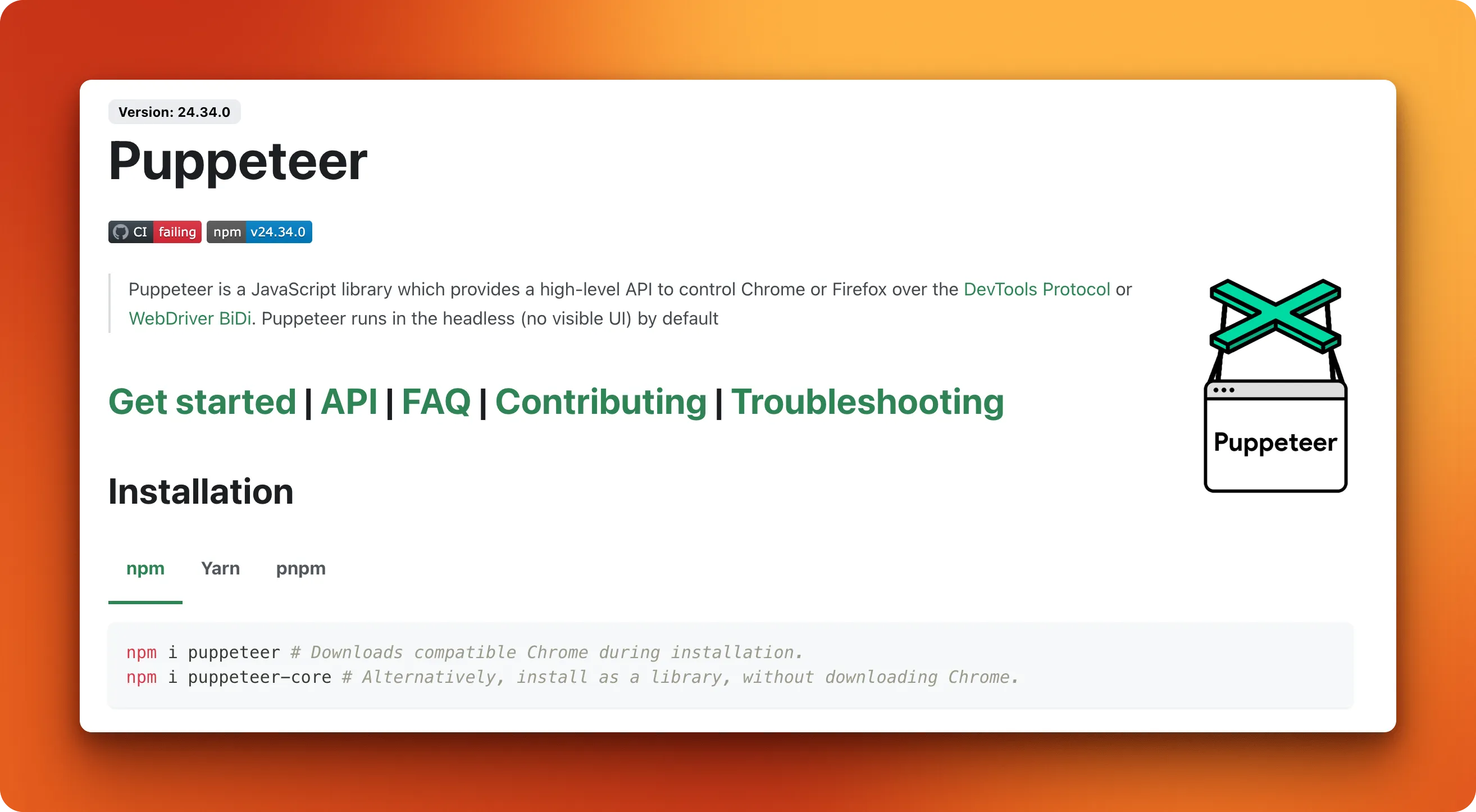 Puppeteer headless Chrome automation library homepage by Google