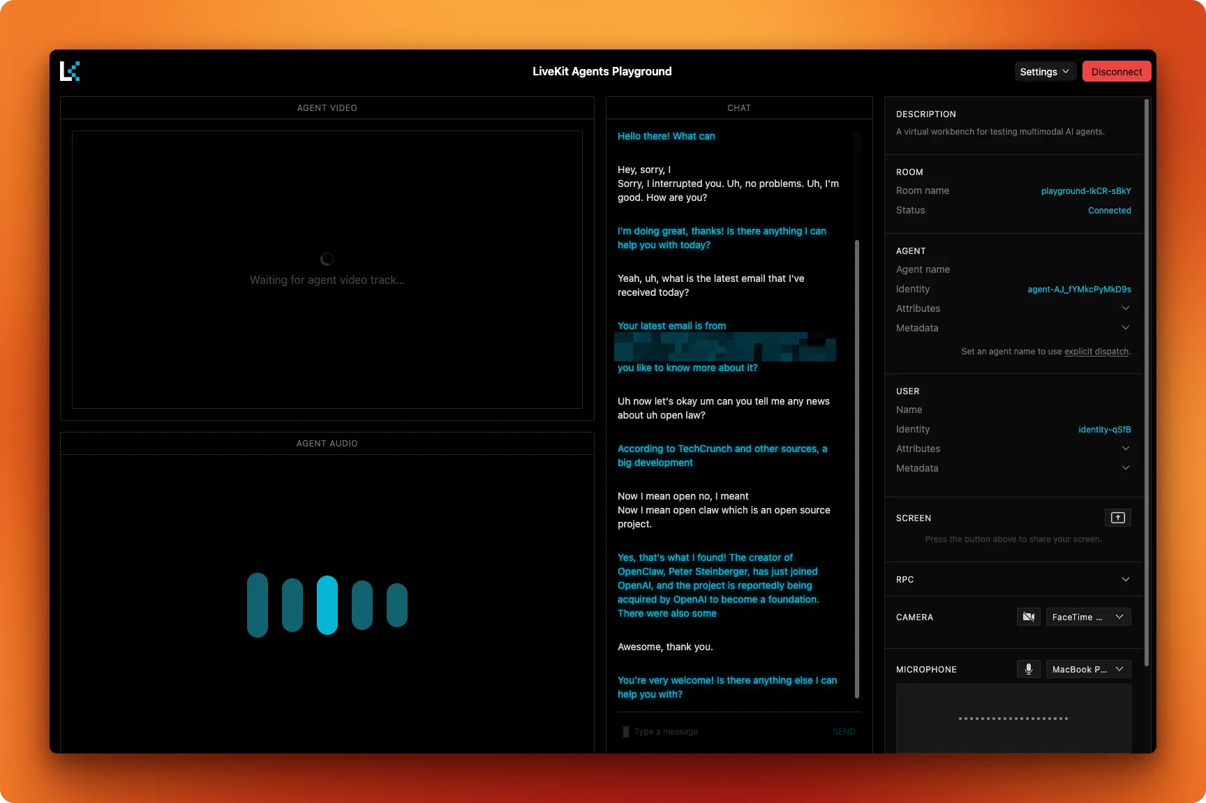 Gemini Live voice assistant with Firecrawl web search deployed to LiveKit Cloud and running in the Agent Playground